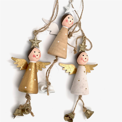 Bild på Hängande ängel i trä (3-pack, guld, vit, natur)