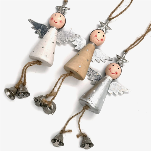 Bild på Hängande ängel i trä (3-pack, silver, natur, vit)