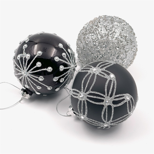 Bild på Julgranskulor i målat glas (3-pack, svart, silver)