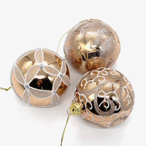 Bild på Julgranskulor med glittriga mönster (3-pack, ljus kopparfärg)
