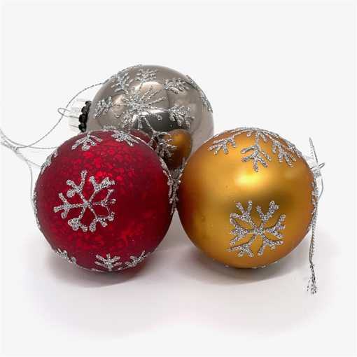 Bild på Julgranskulor med snökristaller (3-pack, guld, röd, gråsilvrig)
